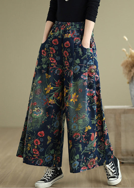 Beautiful Navy Oversized Print Denim Wide Leg Pants Summer