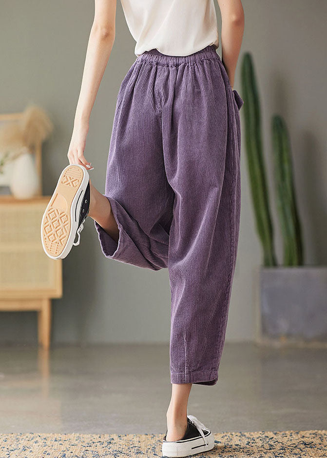 Plus Size Purple elastic waist Pockets Corduroy Pants