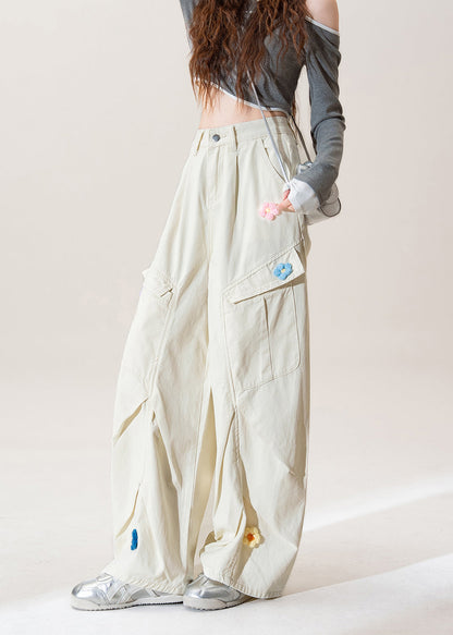 Women Apricot Pockets Floral Wrinkled Denim Pants Fall
