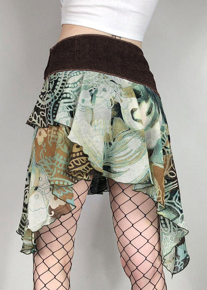 Classy Brown Asymmetrical Print Patchwork Skirt Summer