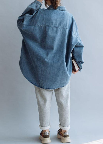 French low high design cotton shirts women pattern denim blue blouse fall
