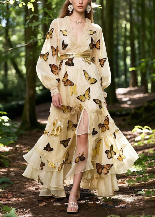 Beautiful Apricot Butterfly Print Exra Large Hem Chiffon Party Dress Spring