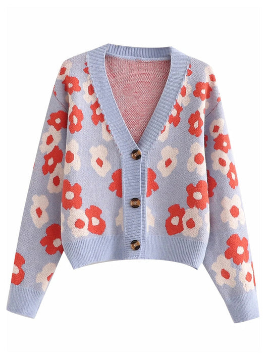 V-neck button flower jacquard loose thin knitted cardigan top