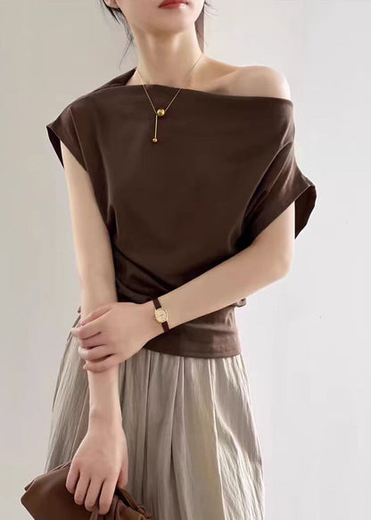 Coffee Solid Cotton Summer T Shirts Cold Shoulder