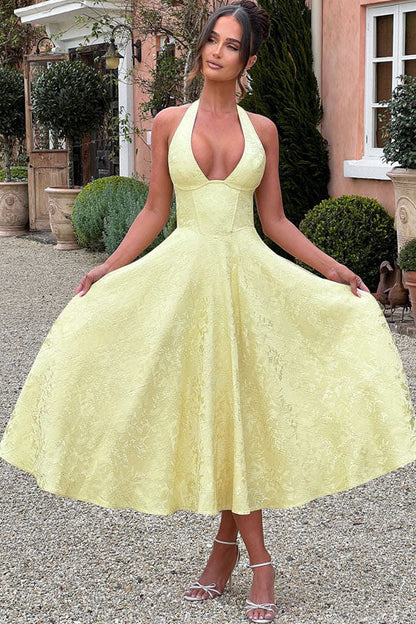 Genevieve™ | V-Neck Halterneck Sleeveless Jacquard Maxi Dress