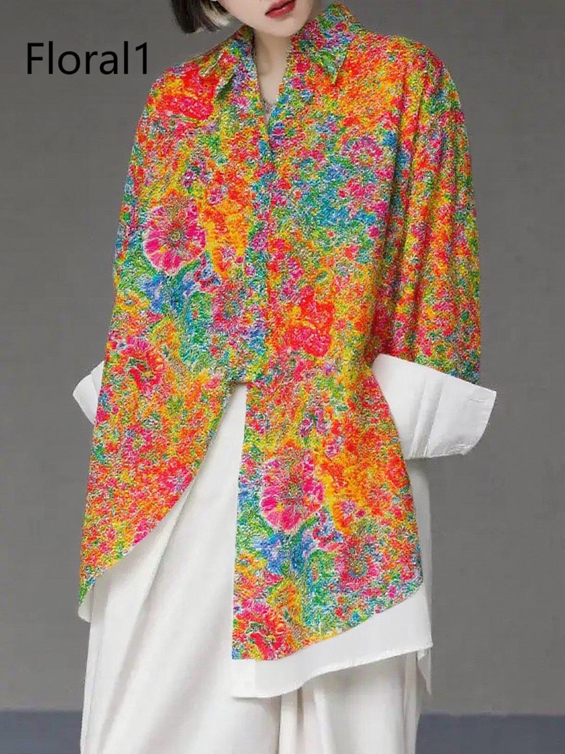 Unique Gradient Color2 Asymmetrical Design Side Open Cotton Long Shirts Spring