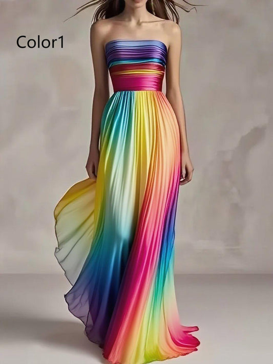 Slim Fit Gradient Color1 d Cold Shoulder Wrinkled Long Dress Sleeveless