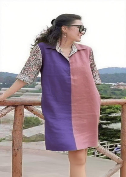 Handmade blue yellow Peter Pan Collar Patchwork Vacation Mid Dresses Summer