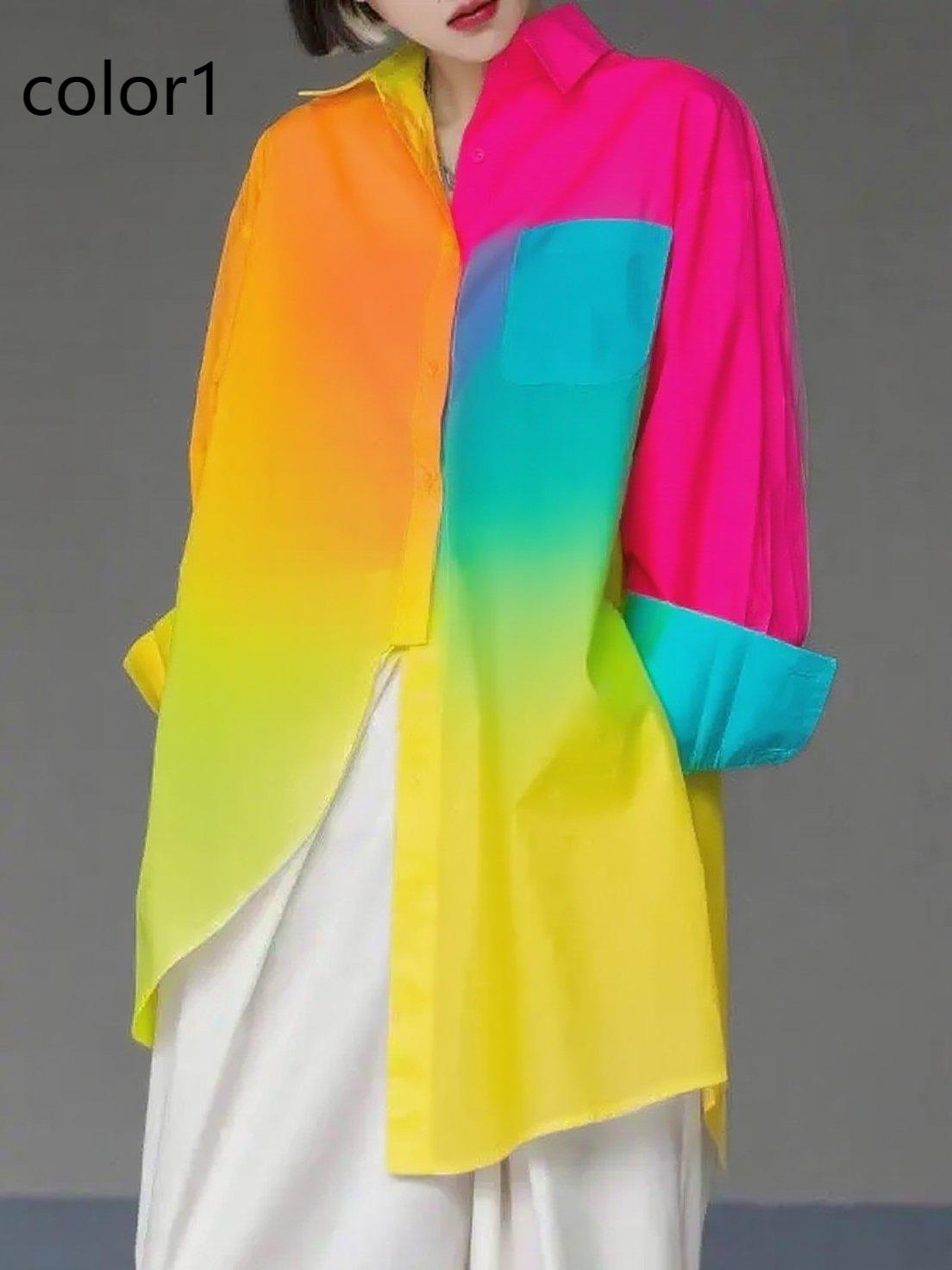 Unique Gradient Color4 Asymmetrical Design Side Open Cotton Long Shirts Spring
