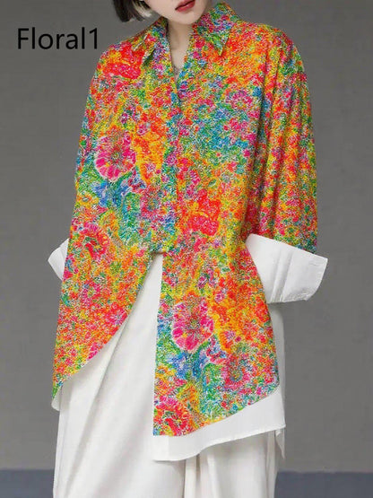 Unique Floral2 Asymmetrical Design Side Open Cotton Long Shirts Spring