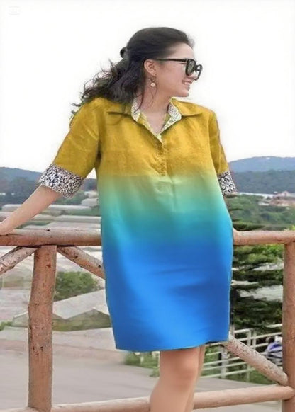 Handmade blue yellow Peter Pan Collar Patchwork Vacation Mid Dresses Summer