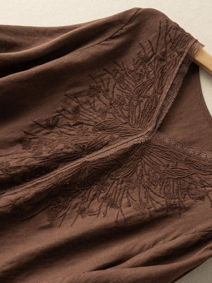 Embroidered V Neck 3/4 Sleeve Casual Linen Tee Top
