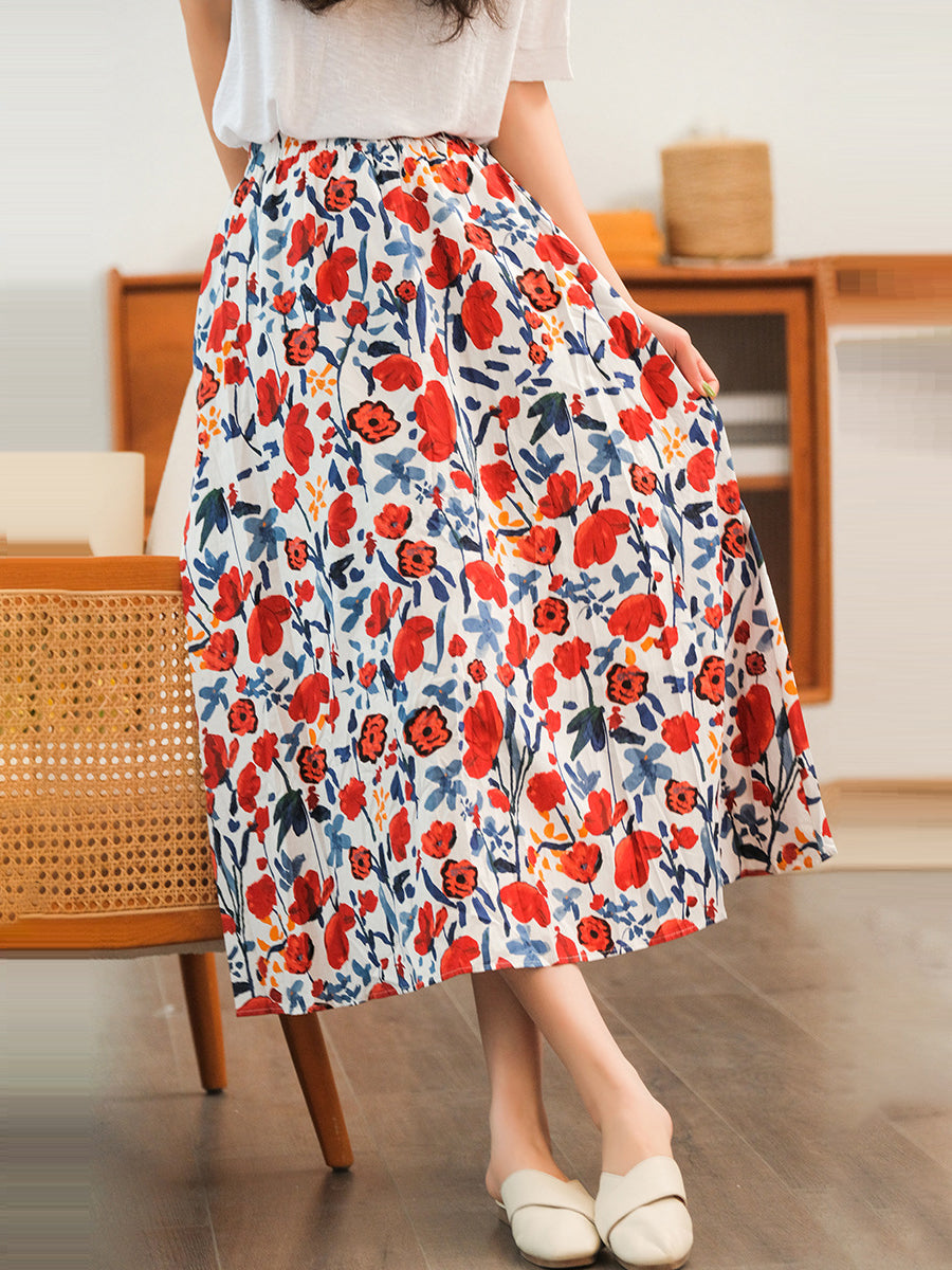 Floral Casual Elastic Waist Cotton Skirt