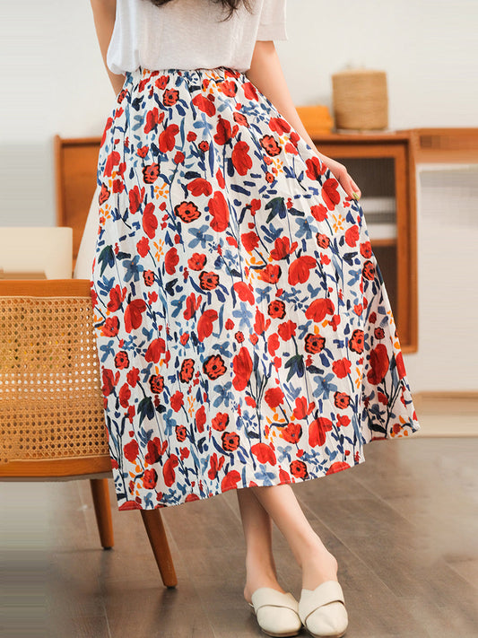 Floral Casual Elastic Waist Cotton Skirt