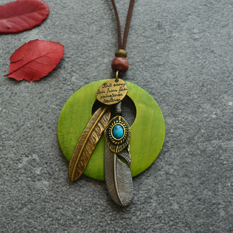 Vintage Feather Leaf Pendant Long Necklace