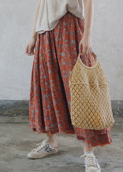 Women Yellow flowers elastic waist tie waist Print Cotton Skirts Spring