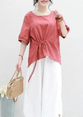 Bohemian half sleeve linen tunic top red drawstring loose top summer
