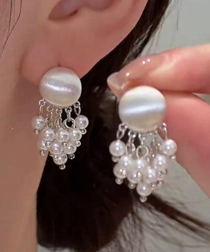 Stylish Gold Metal Overgild PearlTassel Drop Earrings
