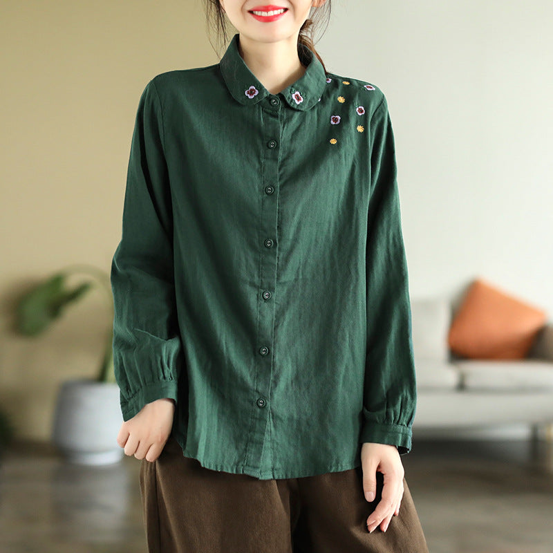 Art Vintage Double Layer Cotton Long Sleeve Floral Embroidery Shirt