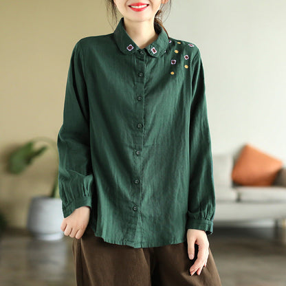 Art Vintage Double Layer Cotton Long Sleeve Floral Embroidery Shirt