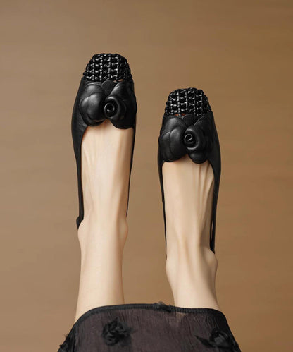 Grey Flat Shoes For Women Cowhide Leather Soft Splicing Floral
