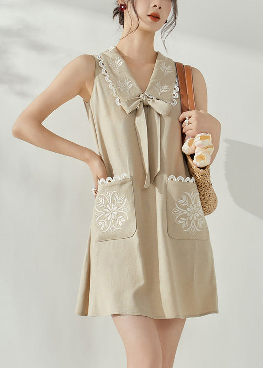 Stylish Khaki Peter Pan Collar Bow Print Mid Dress Sleeveless