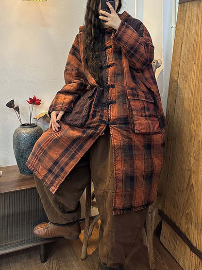 Women Button Plaid Stripe Splicing Casual Hodded Coat
