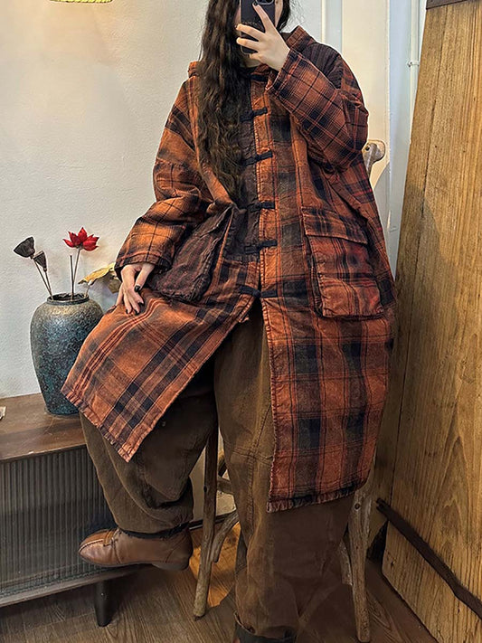 Women Button Plaid Stripe Splicing Casual Hodded Coat