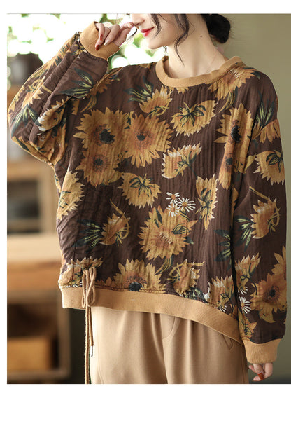 Large Size Slim Round Neck Printed Retro Casual Loose Sweater