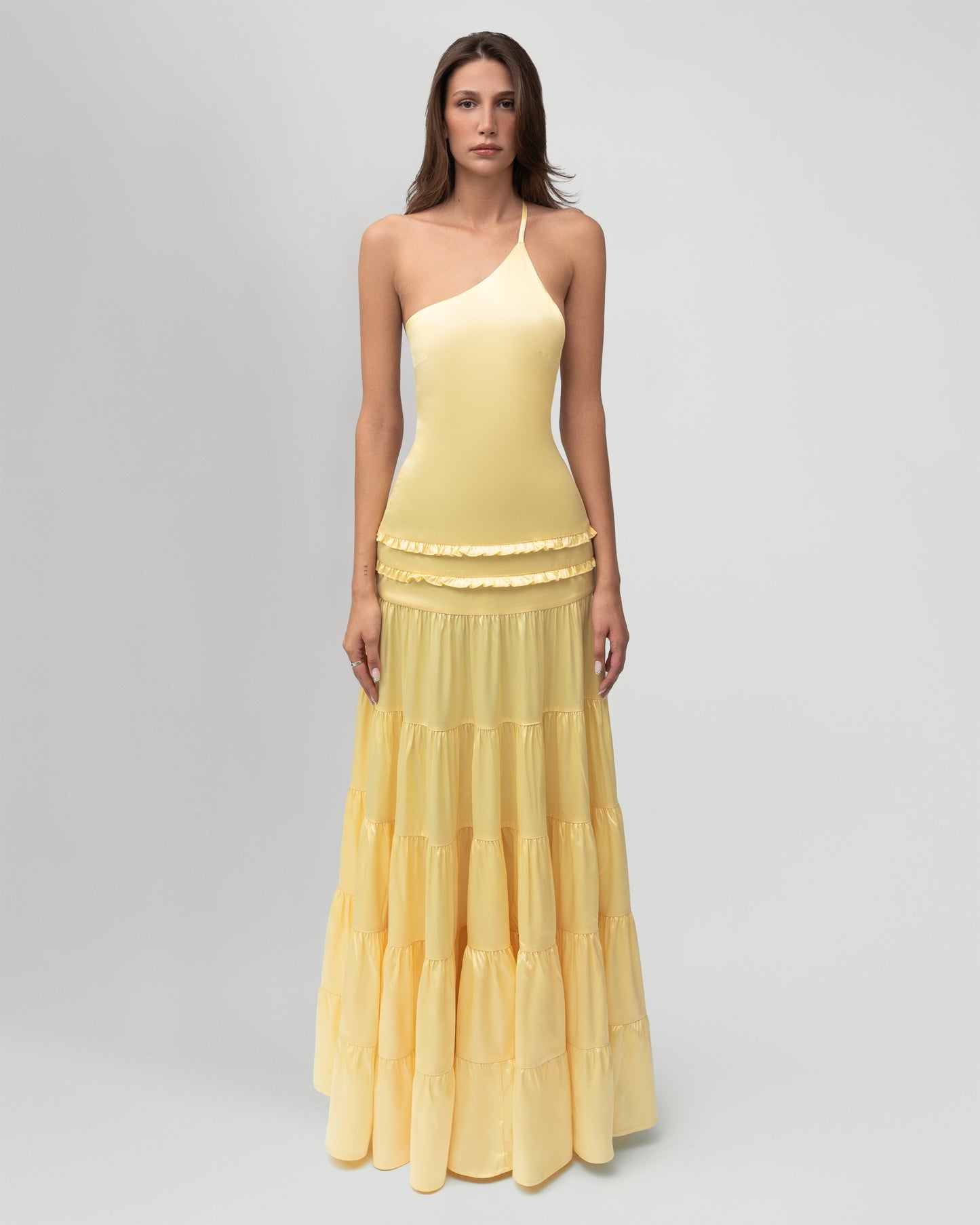One-Shoulder Open-Back Satin Tiered Maxi Dress