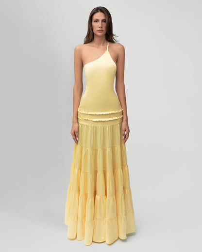 One-Shoulder Open-Back Satin Tiered Maxi Dress