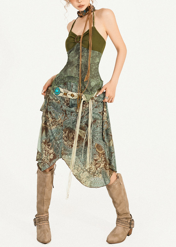 Chic Green Print Top And Maxi Skirts Two Pieces Set Sleeveless