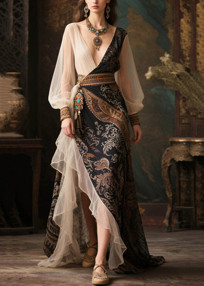 Ethnic Style Black Exra Large Hem Patchwork Chiffon Long Dress Summer