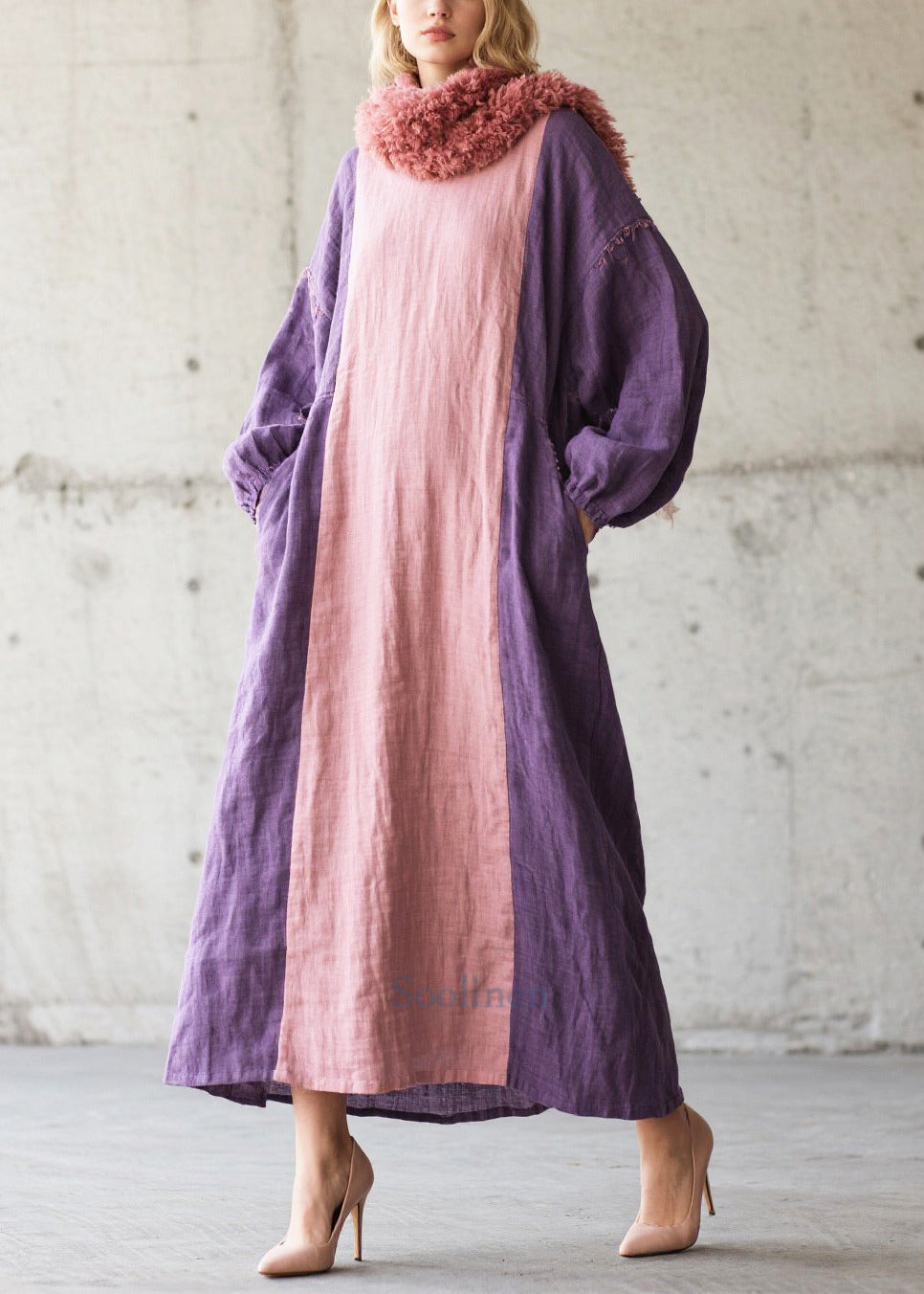 Women Colorblock Oversized Patchwork Cotton Vacation Dresses Fall