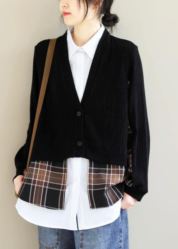 Women Lapel False Two Pieces Clothes Work Outfits Black Patchwork Top