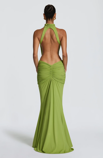 Halter Cutout Ruched Waist Mermaid Maxi Evening Dress