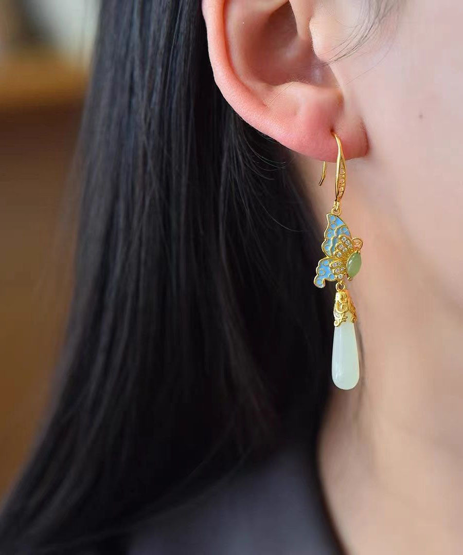 Vintage Gold Sterling Silver Overgild Zircon Jade Butterfly Drop Earrings