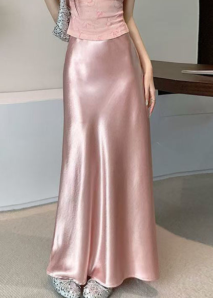 Pink Original Design Solid Silk Skirts High Waist