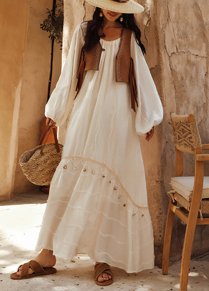 Handmade White Original Design Hollow Out Silk Cotton Maxi Dresses Fall