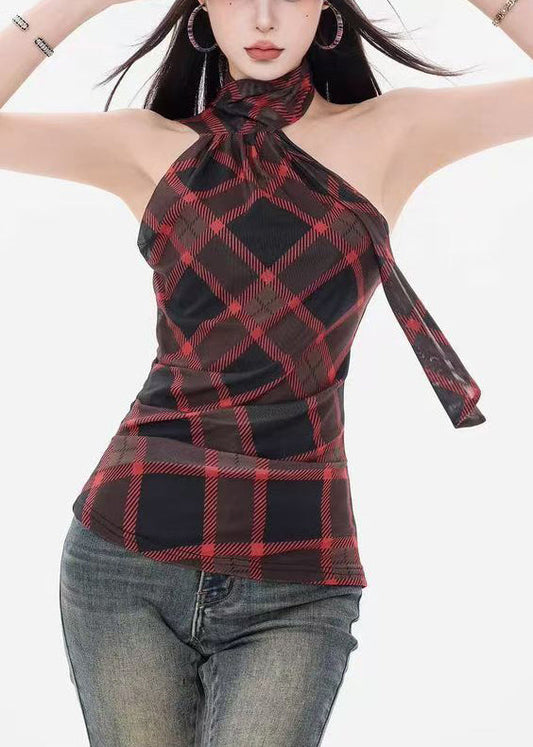 Red Plaid Slim Fit Cotton Tank Cold Shoulder Sleeveless