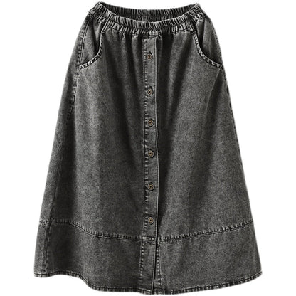 Retro Cotton Patchwork A-Line Split Denim Skirt
