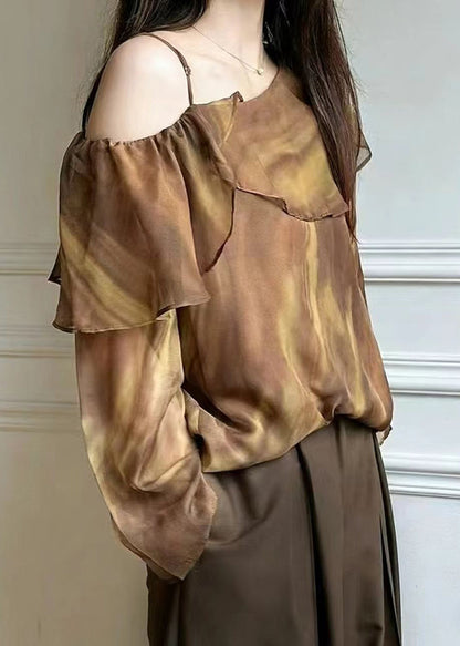 Beautiful Brown One Shoulder Tie Dye Chiffon Blouse Top Spring