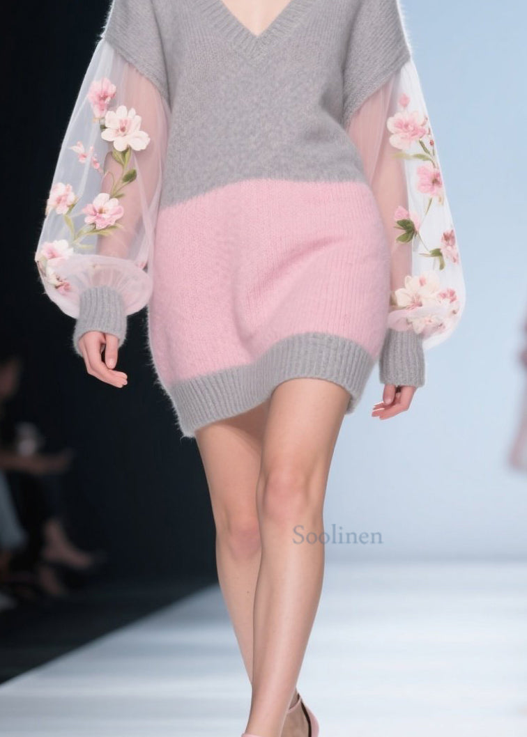 Casual Colorblock Tulle Floral Patchwork Knit Sweater Dress Fall