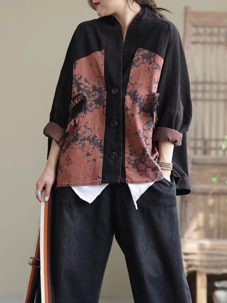 Women Spring Artsy Spliced Tie-dye Button Denim Coat