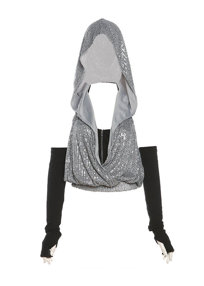 Cool Sequin Hooded Zipper Neck Hanging T-Shirt Two-Piece Set