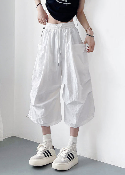 Loose White Lace Up Pockets Solid Cotton Crop Pants