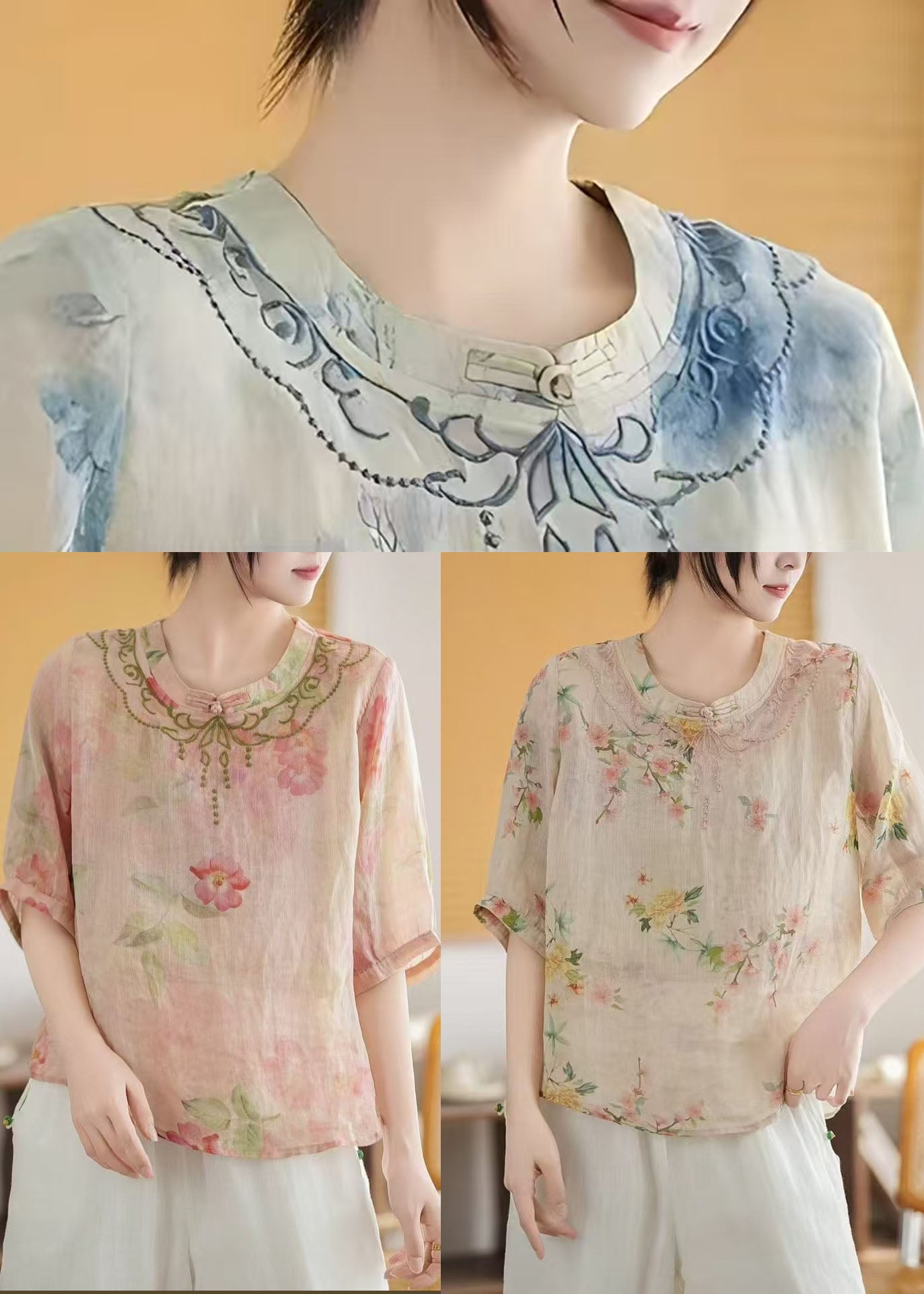 Vintage Pink Print Chinese Style Linen Top Summer