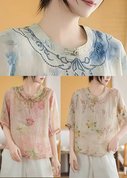Vintage Pink Print Chinese Style Linen Top Summer