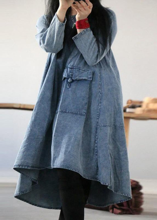 Plus Size Denim Blue U Neck Dress Large Hem  Mid Dress