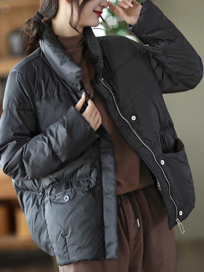 Women Casual Zipper Pocket Solid Warm Down Coat